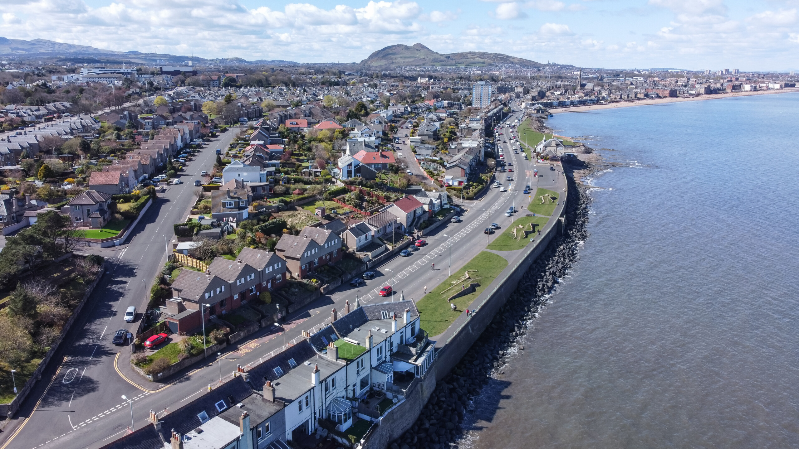 Aerial view of a seafront town in East Lothian on the River Forth